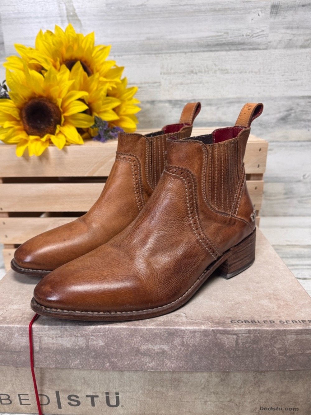 BED|STU Ellice Tan Rustic Leather Chelsea Boots with Pull Tabs